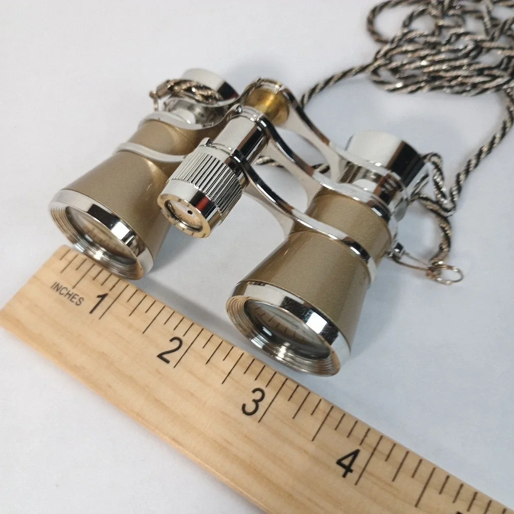 Opera Theater Glass Binocular 3X25 Golden Silver with Metal Chain Steampunk